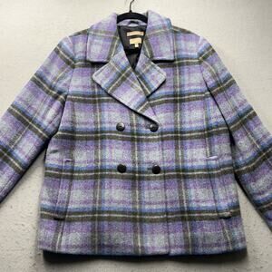 Talbots Plaid Wool Blend Coat Womens Large Purple Blue Italy Fabric